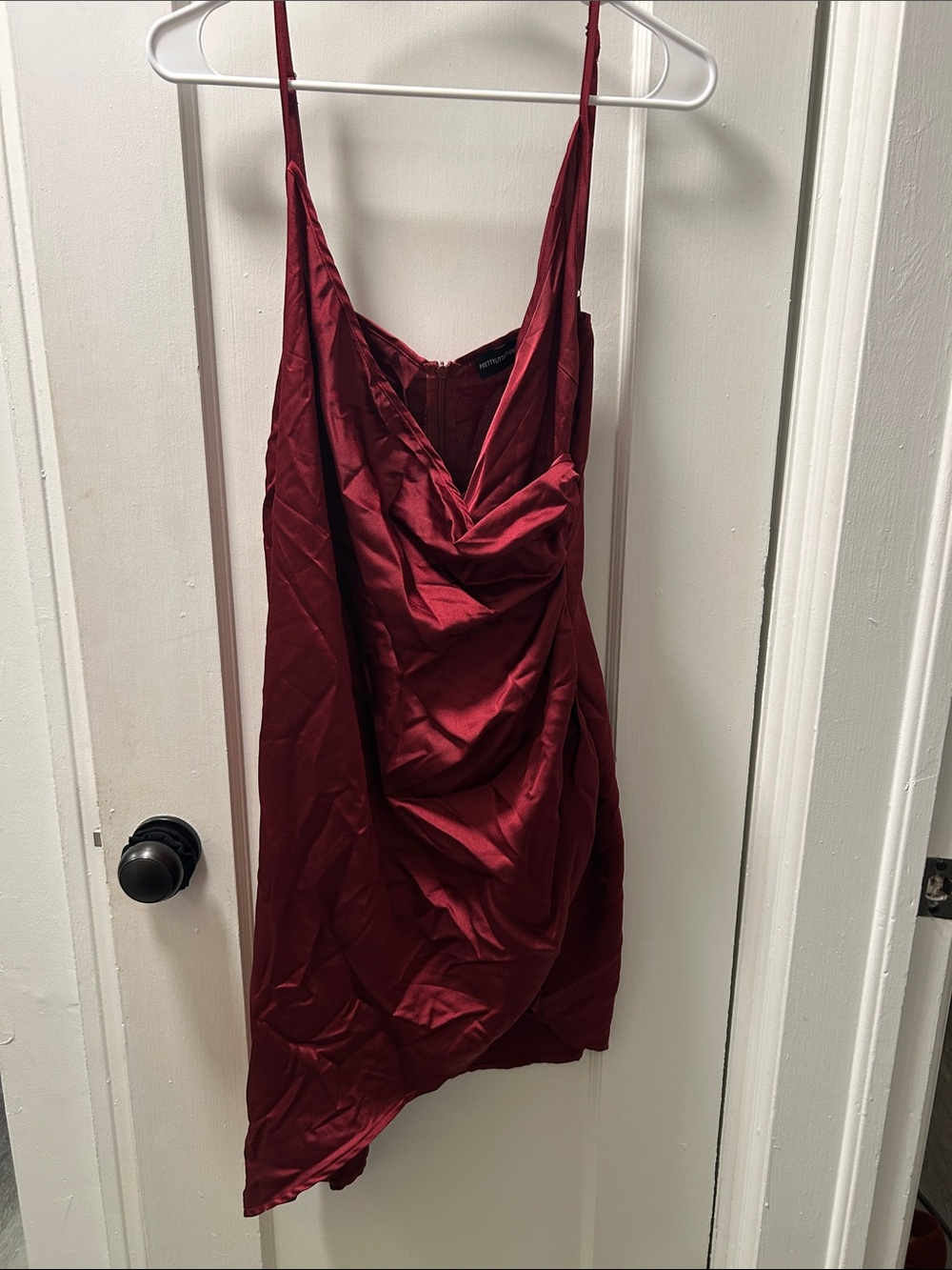 PrettyLittleThing Satin Cowl Mini Dress in Burgundy